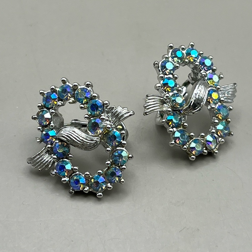 Vintage Coro Silver Tone, Blue Aurora Borealis Rhinestone Clip On Earrings